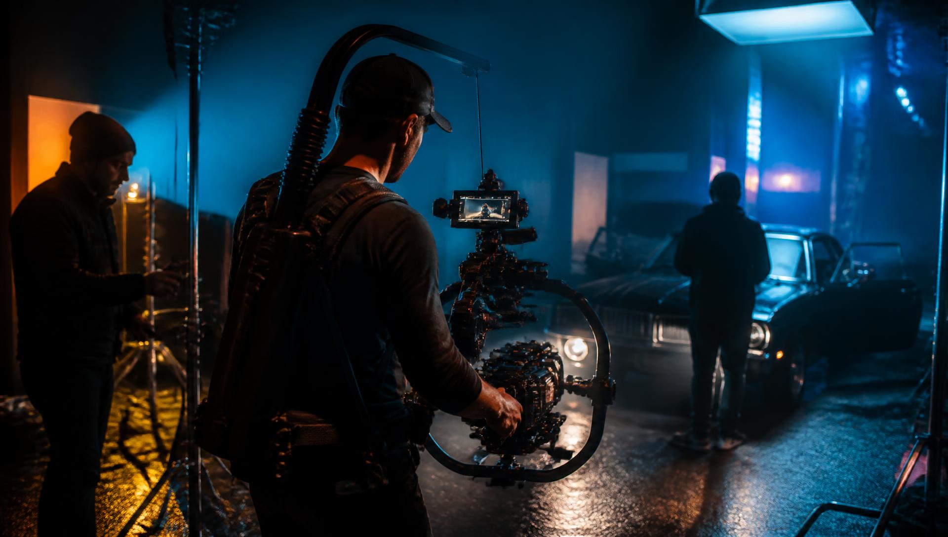 فريق مسار رواد الأعمال أثناء تصوير مشهد سينمائي بالكاميرات والإضاءة الاحترافية